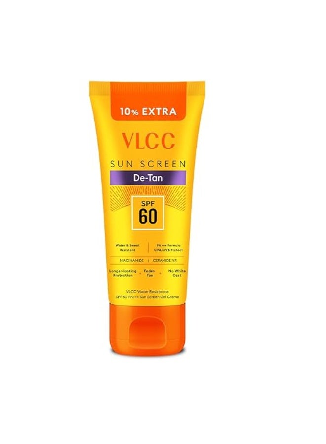فى ال سي سي كريم جل واقي من الشمس VLCC De-Tan المقاوم للماء بعامل حماية SPF 60 PA+++ - 100 غرام + 10 غرام إضافية | مع النياسيناميد والسيراميدات وفيتامين E | يحمي من أشعة UVA وUVB وأضرار الشمس واسمرار البشرة والشيخوخة المبكرة - Image 1
